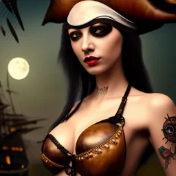 hyper realistic, beautiful girl, short black air, green eyes, with owl tatoo, dressed a steampunk pirate, bra with carved leather, Pirate ships in background. salvador dalì style. high details, romantic moon. 4k, unreal engine