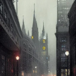 Gotham city View from a snow rain rooftops of corner gothic Buildings, Central station, Piccadilly, Uphill roads, elevated trains, Gothic Metropolis , Neogothic architecture, Metropolis Fritz Lang by Jeremy mann, John atkinson Grimshaw, "Gothic architecture, London, edimburgh, Chicago Prague by Jeremy mann"