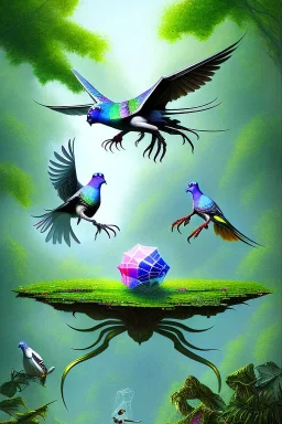 spider fight with exotic pigeon, jungle, mystical, dreamlike, Post-Impressionism, fine detail, high quality,