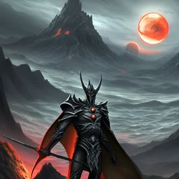 Sauron, the mighty lord of darkness, standing on a rock in the dark land of Mordor, a super-hero man of infinite power and technology of the galactic race, with a great army, a large moon disk behind him, and a fiery sword in his hand