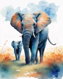 a large female elephant and her calf walking across a grass covered field, front view, low angle, strolling dynamics, perfect anatomy, slow-mo running in savanna, Africa, watercolor, tint leak, hazy, colors of blue, indigo, teal and orange