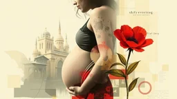 Abstract art, collage, mixed media, double exposure, portrait of pregnant woman, red flower, collage