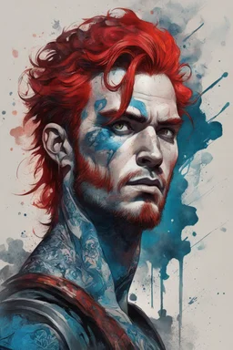 character concept illustration of a lean, red haired, blue tattooed Pict warrior, , maximalist, sharp focus, highest resolution, in the styles of Bill Sienkiewicz, Denis Forkas , and Masahiro Ito, boldly inked, 8k, coarse, gritty textures