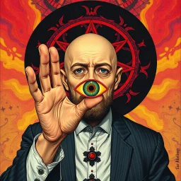 Bald Aleister Crowley holding up hand revealing an eye in his palm, psychedelic illustration, by Dave McKean and Gabriel Pacheco