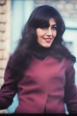 a woman standing in front of a brick wall, home video footage, persian rug, may 6 8, black bangs, waldo in the top right of frame, in a village street, of an beautiful girl, photo still of behind view, 1 female, old footage