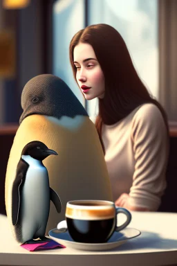 young woman talk to a penguin in coffee-shop