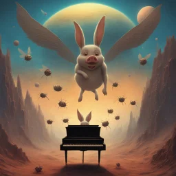 monochromatic bugs bunny composer piano, diffrent planet, one swine pig piggy flying wasp angel, beksinski style daker theme