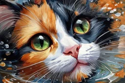 Golden ratio, ultra detailed watercolor painting, wet on wet painting, soft edges beautiful (((Masterpiece))) Create an image of a calico cat partially submerged in water, with its face and upper neck visible just above the surface. The cat has distinct patches of orange, black, and white fur, giving it a vibrant and colorful appearance. Its eyes are large and expressive, with a bright green hue that reflects the light filtering through the water. The background is a rich und