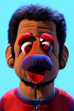 Waist up muppet Portrait, Nicolas maduro us muppet doll, Venezuelan president, tracksuit red blue and yellow, mustache, photo studio, red background, unreal engine 5, concept art, art station, ray tracing, lumen lighting, ultra detail, volumetric lighting, 3d.