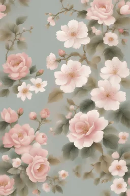 Create a handpainted mural Merge Eastern and Western floral motifs, such as cherry blossoms with English roses, symbolizing a beautiful blend of traditional influences. Color Palette: Classic with a twist – soft pinks, muted greens, and hints of gold.