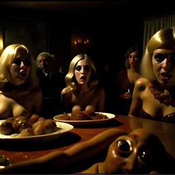 Horror movie shot, spooky, hot, ultra realistic hot dine, ultra realistic hot blonde women, party, pieces of meat, organs, ail, dynamic, very excited people, hypermaximalist figures, light, 1970's Italian horror movie, sinister,, Dario Argento, Stanley Kubrik, ornate, 4k, photorealism