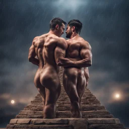 Hyper realistic shirtless muscular men hugging on the top of pyramid at rainy night