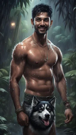 Hyper Realistic handsome shirtless muscular short black hair indian man with wet chest smiling & standing with his black husky in a dark mystical jungle at rainy night with glowing crystals