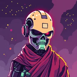 8 bit pixelart of a terminator like robot, synthwave colored, vaporware, budist monk robe