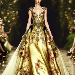 stunning couture gown designed by Marchesa inspired by fairies, realistic epic elegant fantasy colors in gold and black and red, detailed, high quality, intricate, fantasyland background,