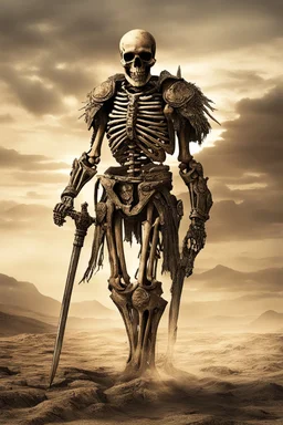 photorealistic Ancient skeleton psi-warrior knight wearing fullplate being surounded by aura wandering the wasteland