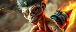 close up portrait with fine pores and real skin texture, clear transparent skin, wise eyes, hairy macho disco kiwi alien pimp indian Homunculus – living in a hi tech marvellous hot dog art graphics and gems on rocket with a mounted sling shot mega harpoon, heading for venus , background motion blur and smoke swirls