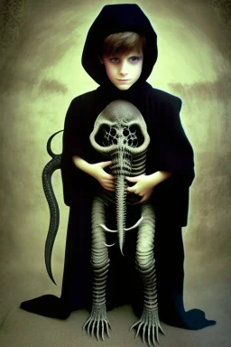 7 year old boy, necromancer, friendly, looks dead,with a long lamprey emerging from his belly , wearing black robes, in the style of H.R. Giger