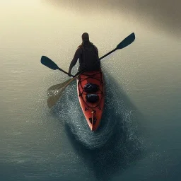 highly detailed kayaker on lake, illustration, cinematic lighting, 4k, 8k, octane render, digital concept art, greg rutkowski, trending on artstation, pinterest, extremely detailed, ambient lighting.