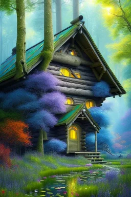 mystical forest, wooden cabin, fine detail, high quality, Neo-Impressionism, mystical, purple blue yellow silver teal black olive azurek, red, pink, brown,