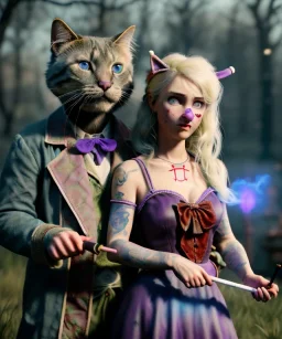 Ultra realistic photo, happy couple, blonde Alice woman and purple cat smoking a pipe + circus blue dress style + black headband with bow + old school body tattoo, smoke, marihuana garden, glow eyes, perfect iris, soft color, highly detailed, unreal engine 5, ray tracing, RTX, lumen lighting, ultra detail, volumetric lighting, high definition.