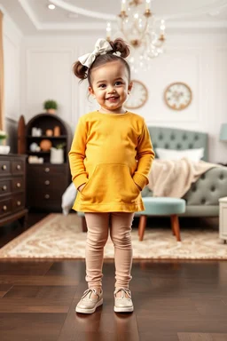 a 3 years old girl in modern clothing and makeup standing pose with cute and joy with pertty shoes in a very large luxury baby bedroom