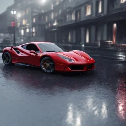 red Ferrari 488 in the rain at night