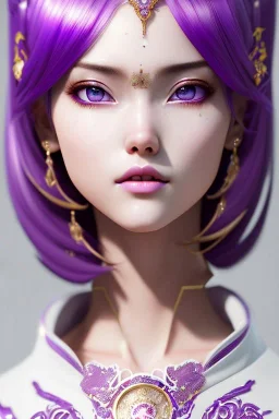 Detailed cute anime Kunoichi elven girl, purple hair buns, purple bangs, white latex bodysuit, intricate details, full body portrait, keep head in frame, slight smile, black Japanese motif, concept art, highly detailed, digital painting, concept art, sharp focus, illustration, art by Yoji Shinkawa, WLOP and greg rutkowski and alphonse mucha and artgerm and yanjun Chen and Junji ito and Makoto Shinkai, HDR, octane render