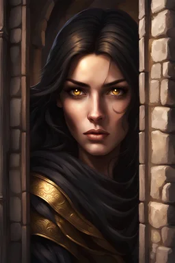 beautiful, dark haired, golden-brown eyes, human female thief creeping into a castle window