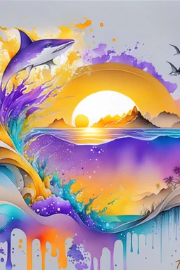 2:3 Full size, watercolor on transparent background paper, chromatic, zoom, sharp, splash of colors on a white background, a detailed golden purple sunset fire style, detailed shark, owl, Miami Beach with light blue water, Mountains, graffiti elements, powerful zen composition, dripping technique, & the artist has used bright, clean elegant, with blunt brown, 4k, detailed –n 9, ink flourishes, liquid fire, clean white background, zoom in, close-up,