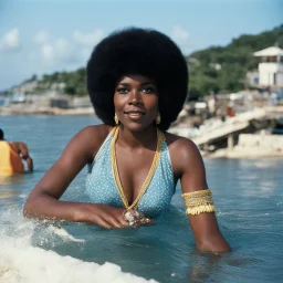 1970s Afroamerican woman playing in the sea of port rico, looking at the camera close to the beach