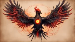 Hyper Realistic colored-sketch of Cyberpunk-Phoenix with glowing red eyes & golden-wings-&-feathers on a vintage-old-paper