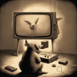 pig watching a tv about video game persona with a rabbit playing music beksinski style