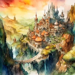 dnd, fantasy, watercolour, large strokes, stylistic, landscape, illustration, capital city, opulent, magnificent