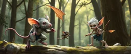 rat gremlin elf halfling pixie runner, airbrush and pen outline, realistic 3d rendering with high contrast forest background