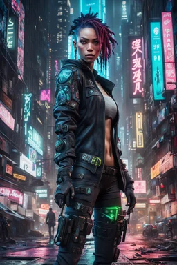 Realizza una dettagliata e ad alta risoluzione rappresentazione di un personaggio cyberpunk semi-realistico immerso in un contesto urbano, integrando senza soluzione di continuità la tecnologia avanzata con un ambiente grintoso. Immagina un protagonista che si muove attraverso le strade affollate, adornato di miglioramenti cibernetici che potenziano le sue capacità fisiche.