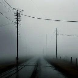 An empty road on a misty day. Telegraph poles and wires. Muted tones. Tilted high horizon. With blotches, blurry areas and lens noise and grain. Photo 4k