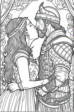 Fantasy coloring page, minimal detail. HD. Woman kissing a male knight with a beard