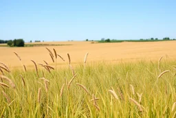 a short wild grass clearing next to an ideal farm field, sunny day, product photo setting, mid-level horizon