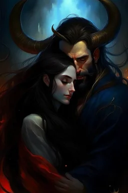 Painting, Beard, dark hair, demon prince, horns, handsome, mysterious, gentle, embracing a beautiful woman with long dark hair, celestial