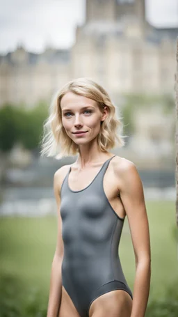 beautiful anorexic young woman, total shot, grey triathlon swimsuit, short blonde wavy bob hair, blurred city background