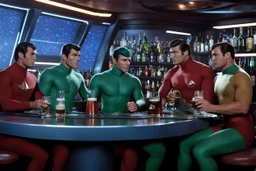 [Star Trek, drinking] a few engineers in underwear doing iconic advertisement for Saurian Brandy, Romulan Ale, Andorian ale and Bloodwine at the bar of the starship