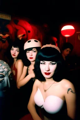 Betty Page and some demonds. art from japanese style 1980 movie. Heavy metal arcade. perfect lighting, leica summicron 35mm f2.0, kodak portra 400, film grain. hangover post party, wasted, closeup and mist.