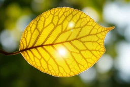 a beautiful single translucent tree leaf with pronounced intricate tiny fractal reticular vascular bundles caught in the light of the sun in the background, sun glare effect, perfect macro nature photography