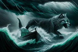 A giant lumbering grey wolf attacks a tiny boat in a stormy sea, a dark, ominous image, black, turquoise (a little closer to green) and white colours, rain, wind, lightning, dynamic, surreal. And a cat. Definitely a cat.