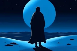 Paul Atreides in cloak staying on the dune at night and looks at the blue double moon. Two moon. Minimalist