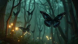 Magical Forrest, realistic, 4k, glowing black butterflies, strange environment, mysterious, hypnotic, surreal, beautifully lit, award winning, insanely detailed