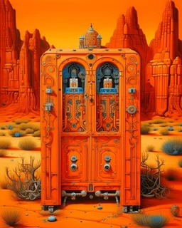 An orange colored secret vault with robots designed in Navajo baskets painted by Albrecht Durer