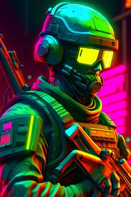 us men soldier with rilfe M4 with helmet with neon background colour with text szczepan with cyberpunk style