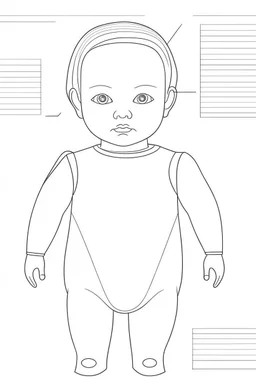 baby doll, realistic, each unique, flat vector, full view, only draw lines, clean line art, –no sketch, white background, minimalistic black lines, minimal black color, coloring page, thin black line art, perfect shape, perfect clear lines,